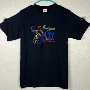 VTG Jerzees HiDensi-t Sz Small Embroidered New Orleans Jazz Black Cotton T-shirt